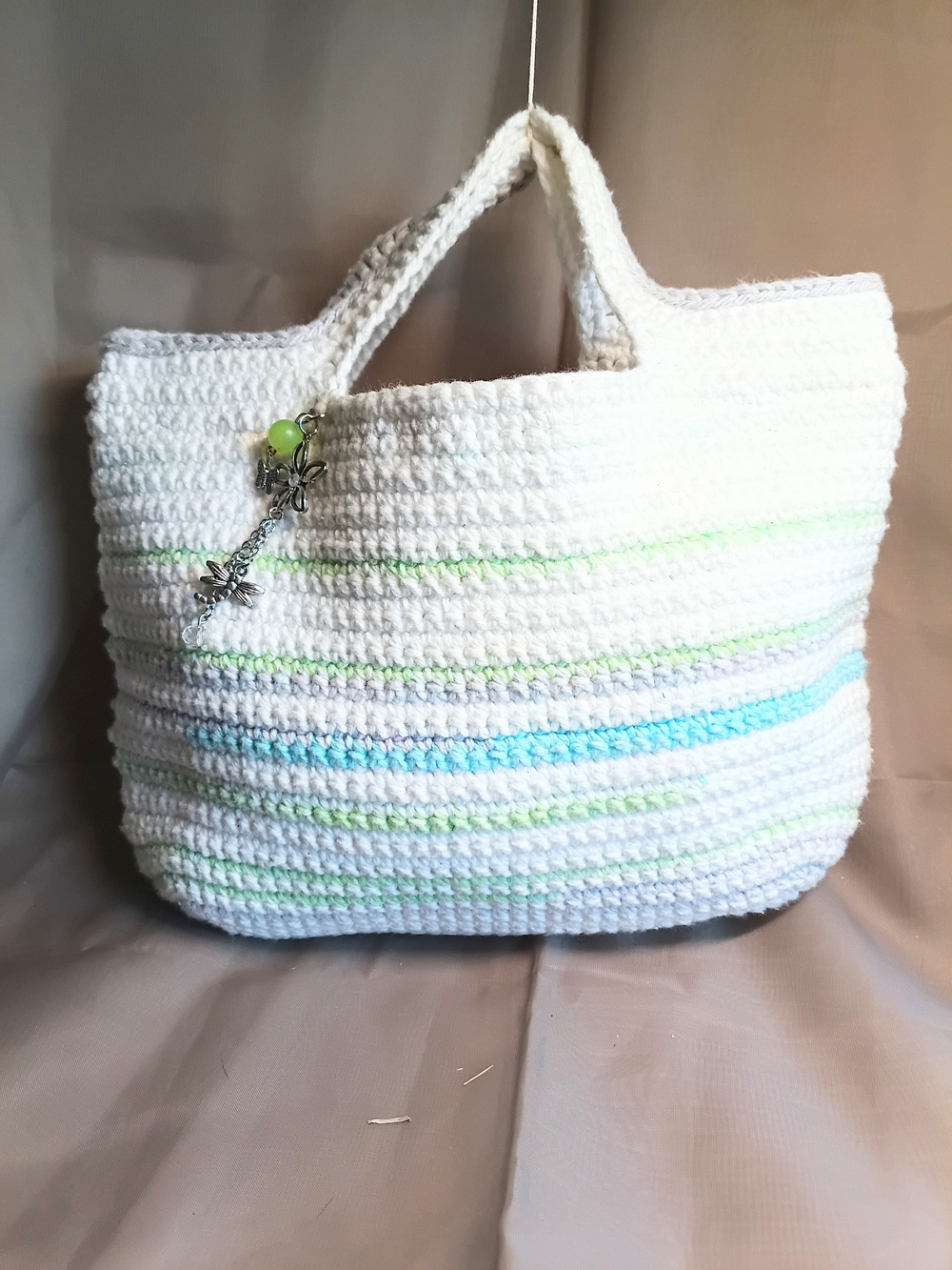 White Crochet Mini Tote with Pastel Blue & Green Stripes